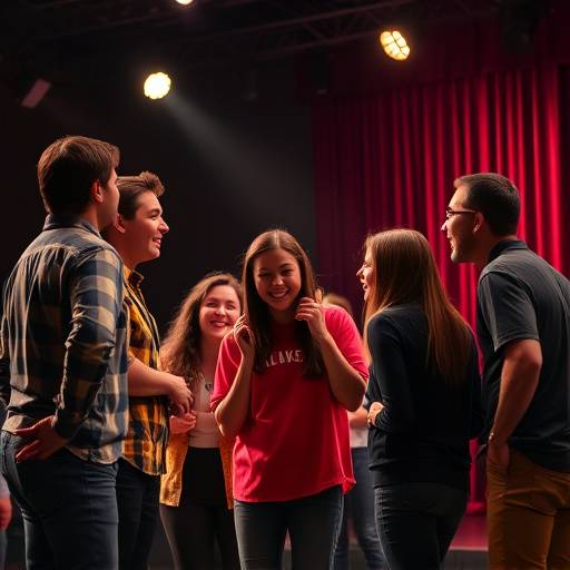 A group of students performing an improvisational comedy sketch at a StageCraft Academy event