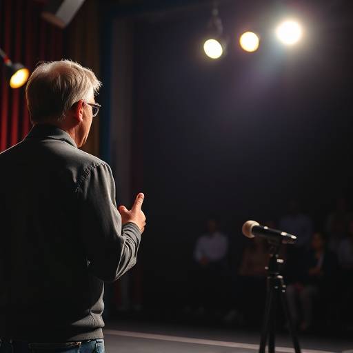 An actor auditioning on stage, lit by stage lights