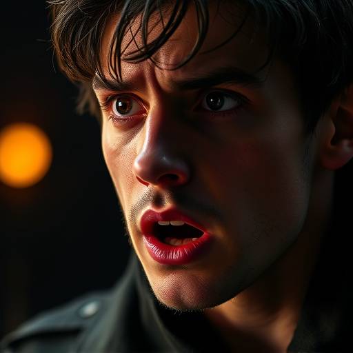 Close-up of a student actor delivering a powerful monologue during 'Macbeth'