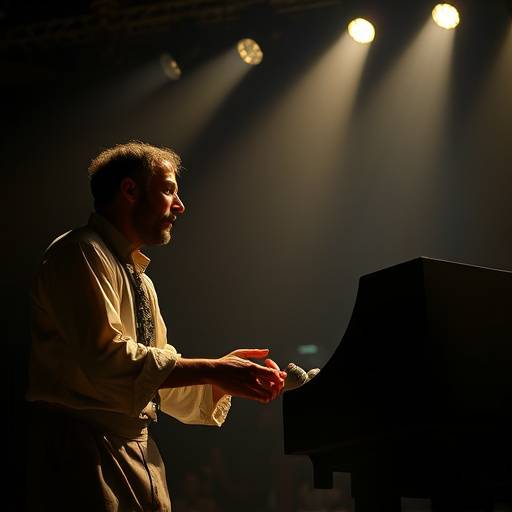 Scene from a past performance of 'Hamlet' featuring a student in the lead role
