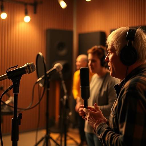 Scene of voice actors, working in a recording studio