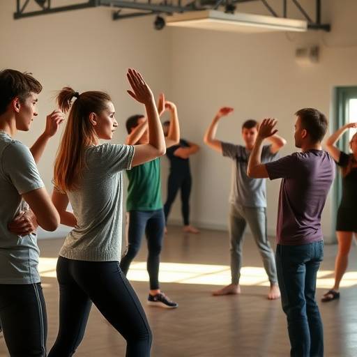 Students working on physical acting techniques during a movement workshop
